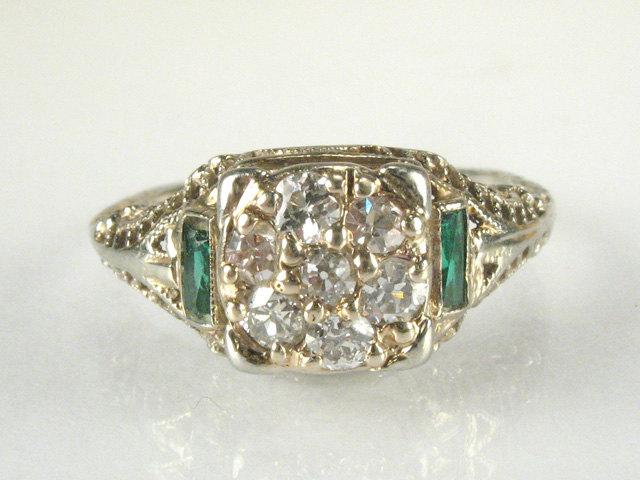 Wedding - Antique Old European Cut Diamond Engagement Ring with "Synthetic Emerald” GREEN STONE Accents