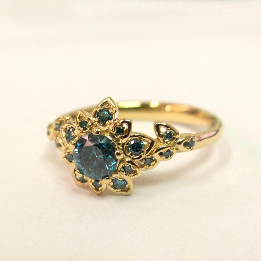 Hochzeit - Diamond Art Deco Petal Engagement Ring No.2B - 14K Gold and Blue Diamond engagement ring, leaf ring, flower ring, vintage, halo ring