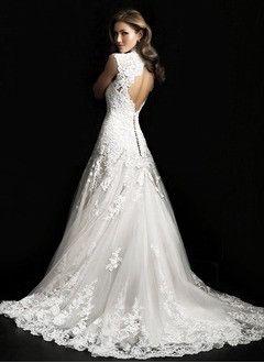 Hochzeit - A-Line/Princess V-neck Court Train Tulle Lace Wedding Dress