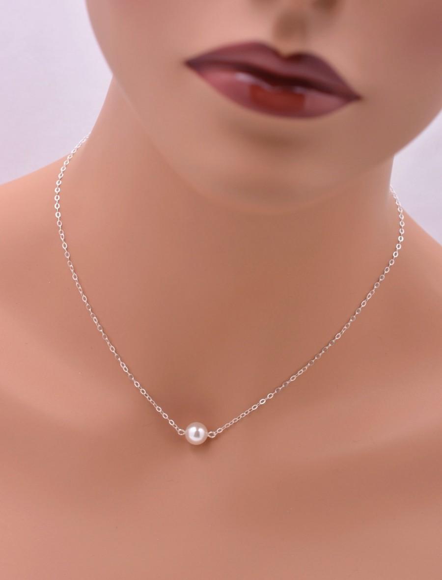 زفاف - Set of 4 Floating Pearl Necklaces, 4 Sterling Silver Bridesmaid Necklaces, Real Silver Necklaces, Single Pearl Necklace Bridesmaid Gift 0084