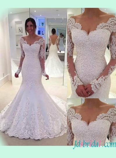 Mariage - Sexy sheer back illusion long sleeved lace mermaid wedding dress