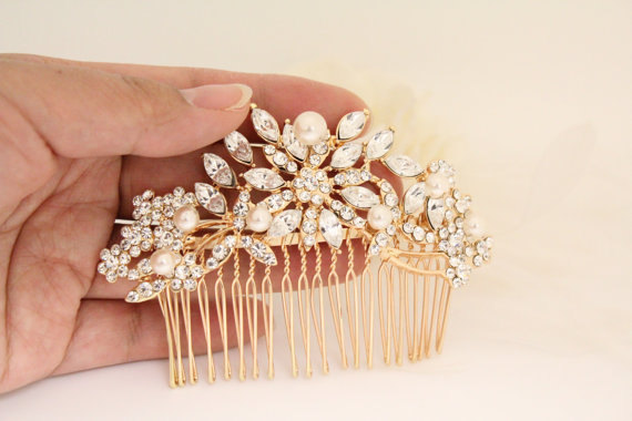 زفاف - Bridal hair comb gold,Wedding hair accessories,Wedding head piece Gold,Wedding hair comb,Wedding decorative combs,Bridal hair piece,Wedding
