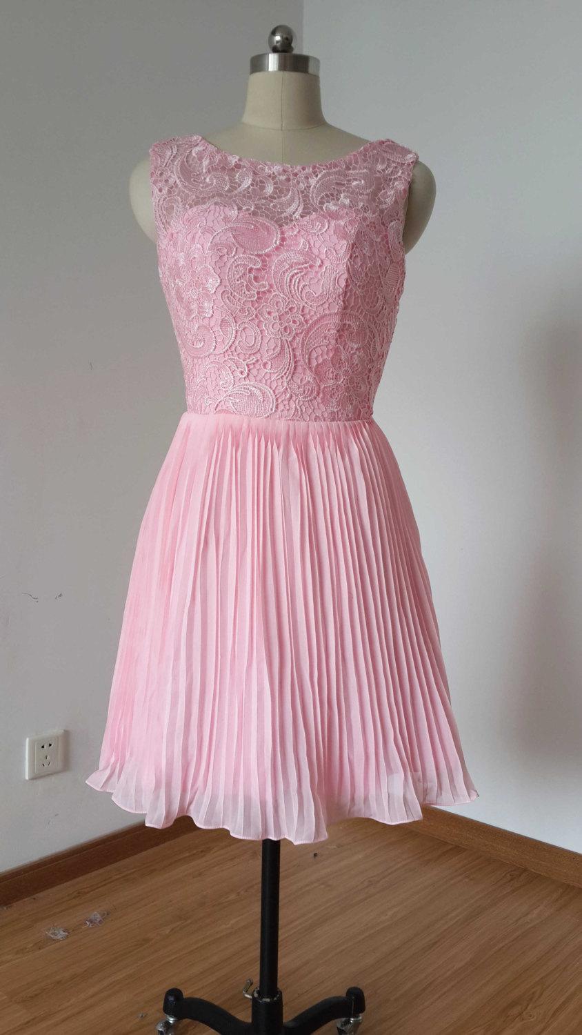 Свадьба - 2015 V-back Blush Pink Lace Chiffon Short Bridesmaid Dress Pleating Skirt