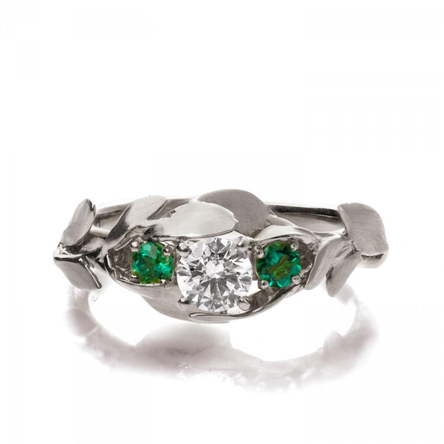 زفاف - Leaves Engagement Ring No. 8 - 18K White Gold and Diamond engagement ring, 3 Stone Ring, Three stone ring, engagement ring, leaf ring