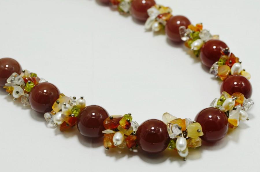 Hochzeit - Multicolour Gemstone Statement Big Bead Necklace; Cornelian, Perl, Chrysolite Holiday Beaded Necklace; Fashion jewelry; Gift for Her