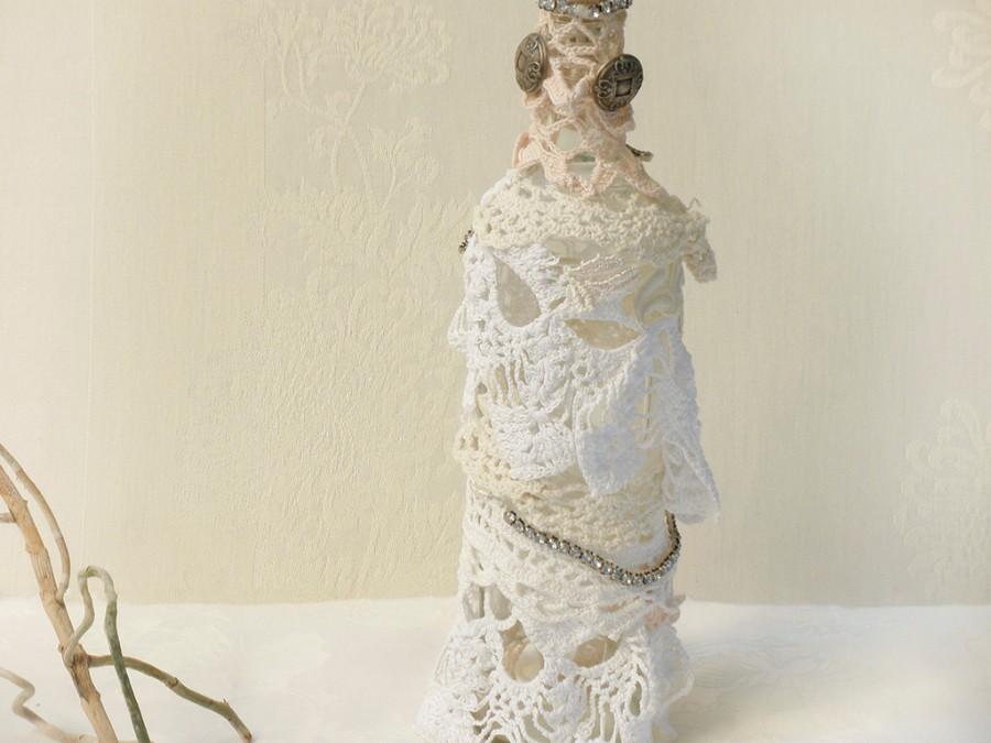 Hochzeit - Crochet Lace bottle, Shabby chic Antique bottle, Eco Friendly Home Decor, Cottage Decor , Upcycled Glass Bottle, Home Decor.