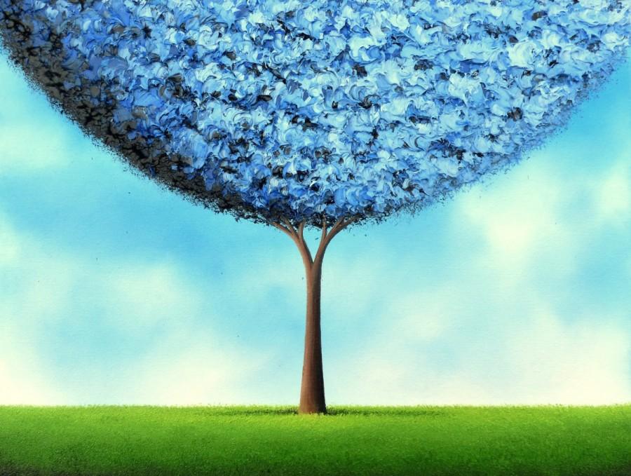 Wedding - Modern Rustic Tree Art, Blue Tree Print, Photo Print of Whimsical Landscape Painting, Cool Tones, Bold Wall Art, Affordable Art, Blue Sky