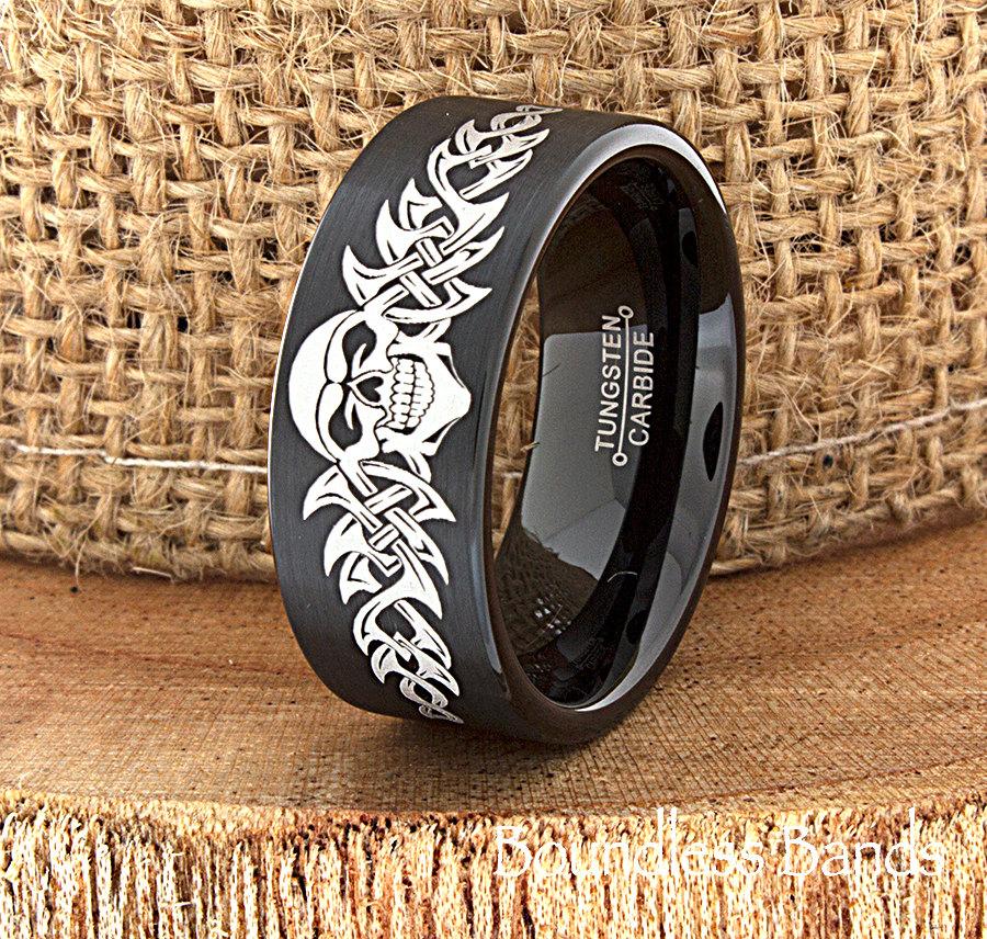 Свадьба - Skull Wedding Band Skull Ring Biker Wedding Band Mens Tungsten Ring Tattoo Design Customized Tungsten Band Ring Tattoo Ring Men Anniversary