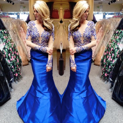 زفاف - Hot Sell Long Mermaid Prom Dress - Royal Blue Low Cut with Appliques