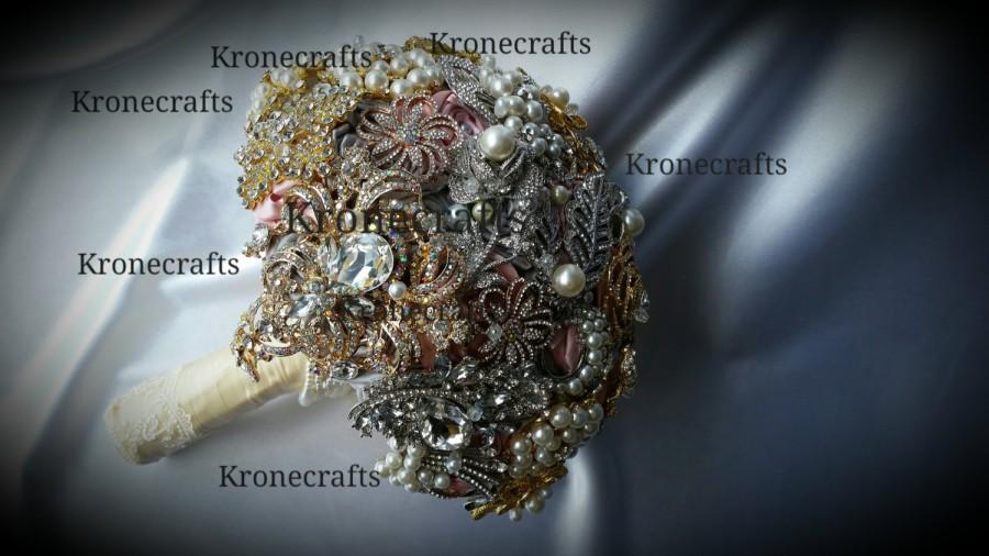 Hochzeit - full price  ivory charcoal blush rose gold silver Bouquet wedding, brooch bouquet, peacock cascading bouquet