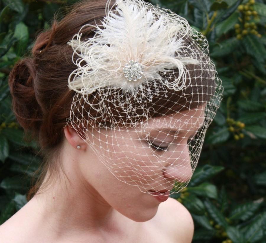 زفاف - As Seen in Polka Dot Bride Champagne Birdcage Veil with Ostrich Feather Wedding Fascinator