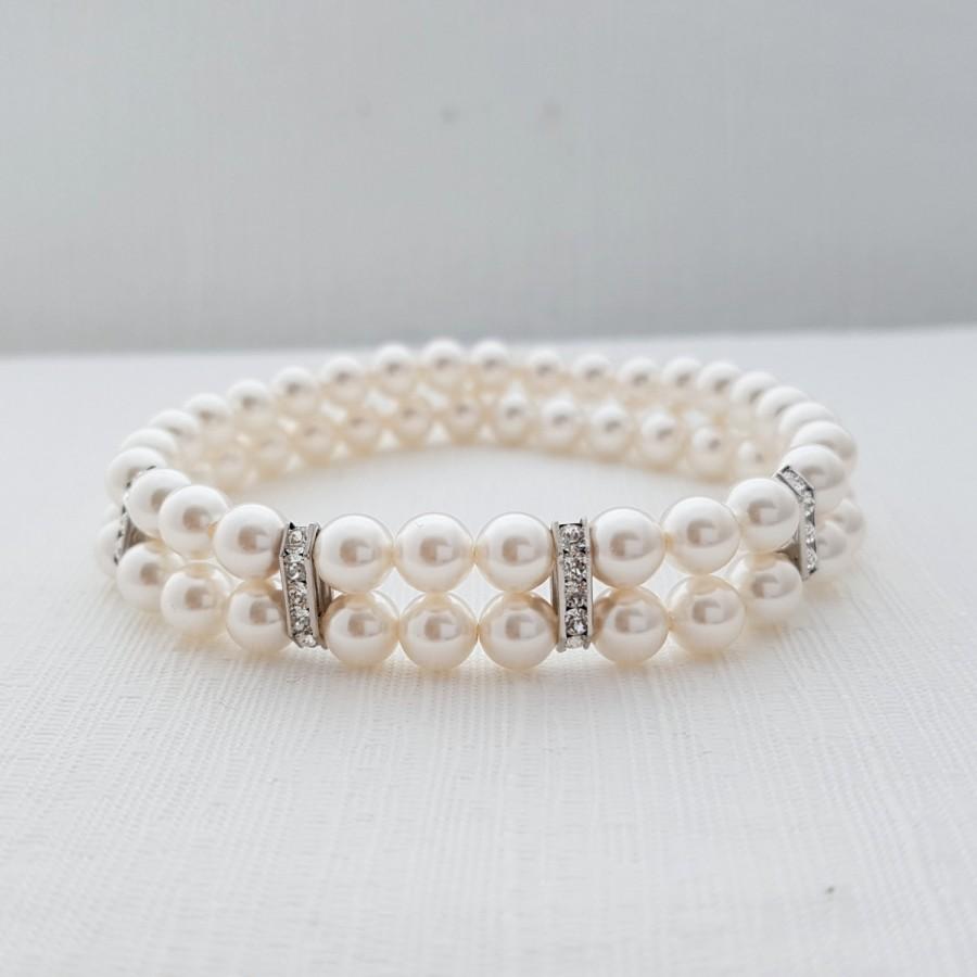 Mariage - Double Strand Pearl Bridal Bracelet Stretch with Swarovski White Pearls and Rhinestones Wedding Bracelet