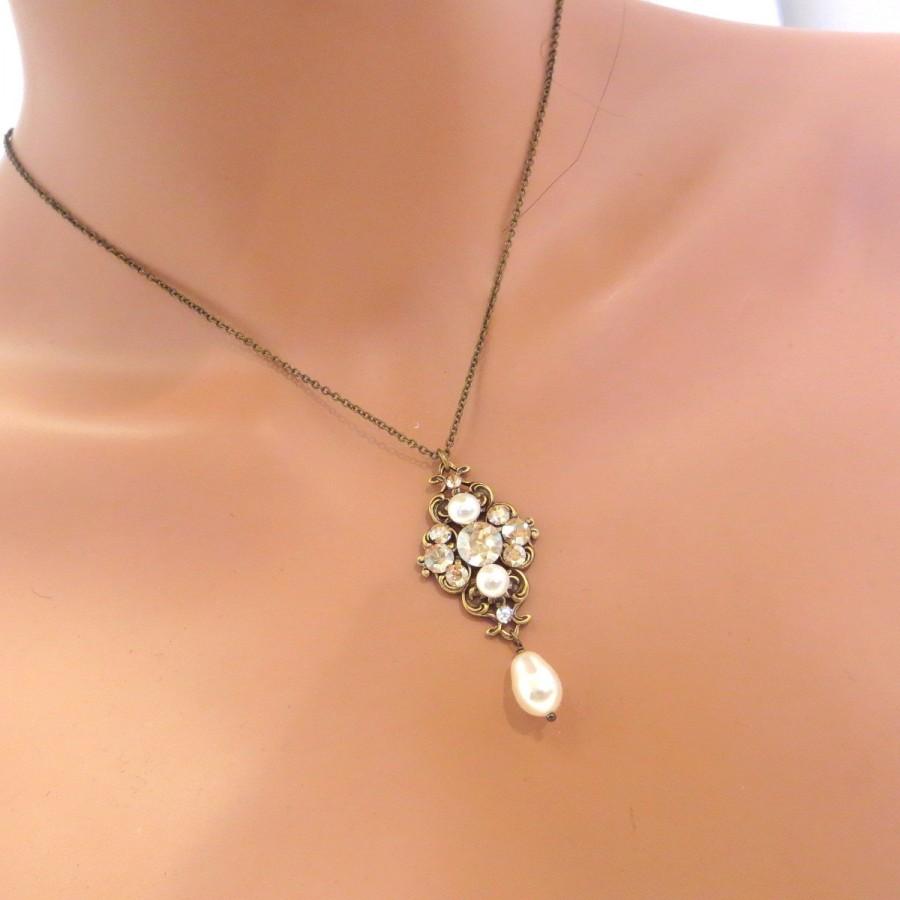 Mariage - Bridal necklace, Bridesmaid necklace, Wedding necklace, Bridal jewelry, Antique brass necklace, Swarovski crystal necklace
