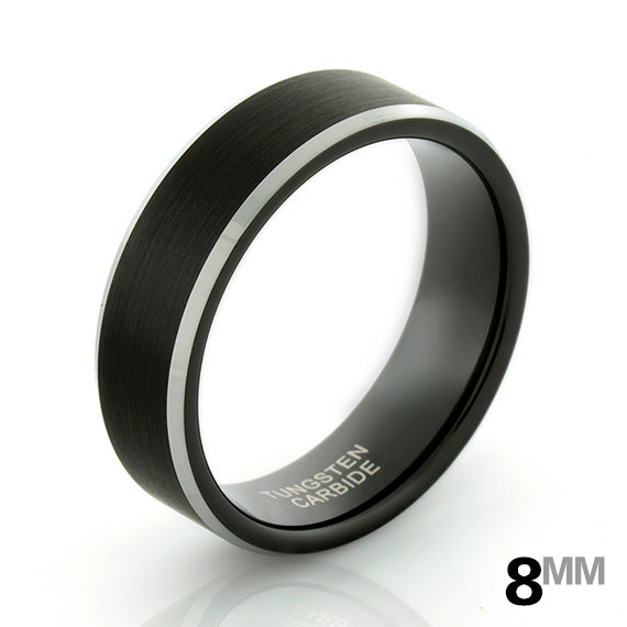 زفاف - Men's Black Ring, Men's Black 8mm Tungsten Ring, Brushed Black w/ Silver Edges, Men's Wedding Band, Black Comfort Fit Ring, Engagement Ring
