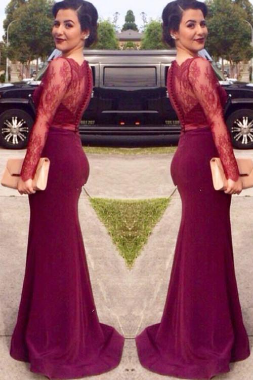 Hochzeit - Elegant Sheath Scoop Long Lace Burgundy Prom/Evening Dress With Long Sleeves