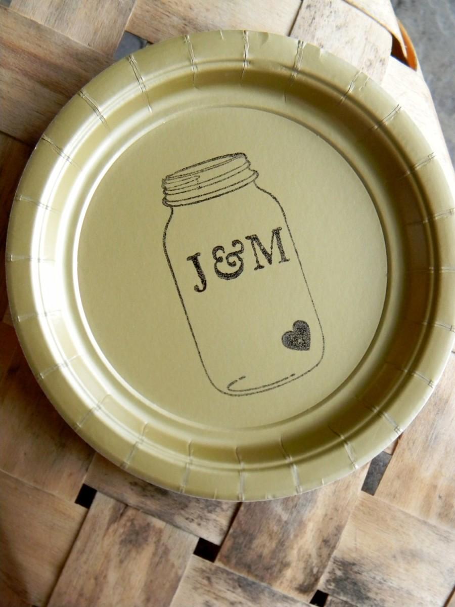 Wedding - Gold Personalized Mason Jar Wedding Paper Cake Dessert Plates with Large Initials and Tiny Heart - Set of 20