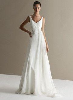 Mariage - A-Line/Princess V-neck Sweep Train Chiffon Wedding Dress With Ruffle