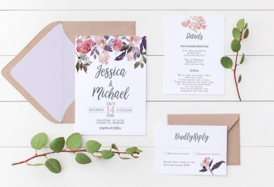 Свадьба - Printable Wedding Invitation // Wedding Invitations // Floral Wedding Invitation //Digital Wedding Stationery // Watercolor Wedding