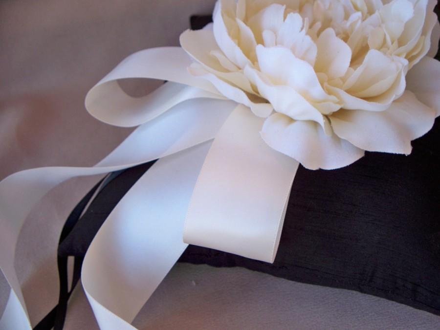 Wedding - Black Ivory Wedding Ring Bearer Pillow Silk Peony Rose Flower Elegant Ribbon Wedding Ring Pillow