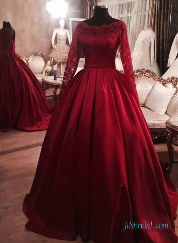Wedding - Red burgundy colored long sleeves satin ball gown wedding dress