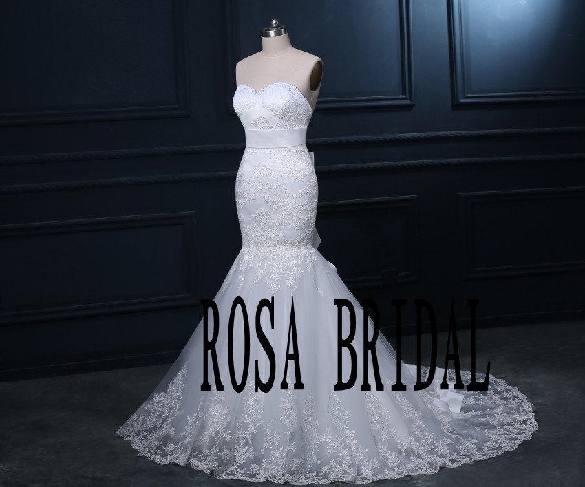 Hochzeit - Mermaid wedding dress lace, Ivory Lace wedding dress bridal gown with belt ribbon custom size