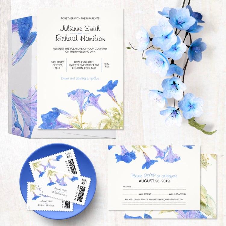 Wedding - Blue floral Rustic Wedding Invitation