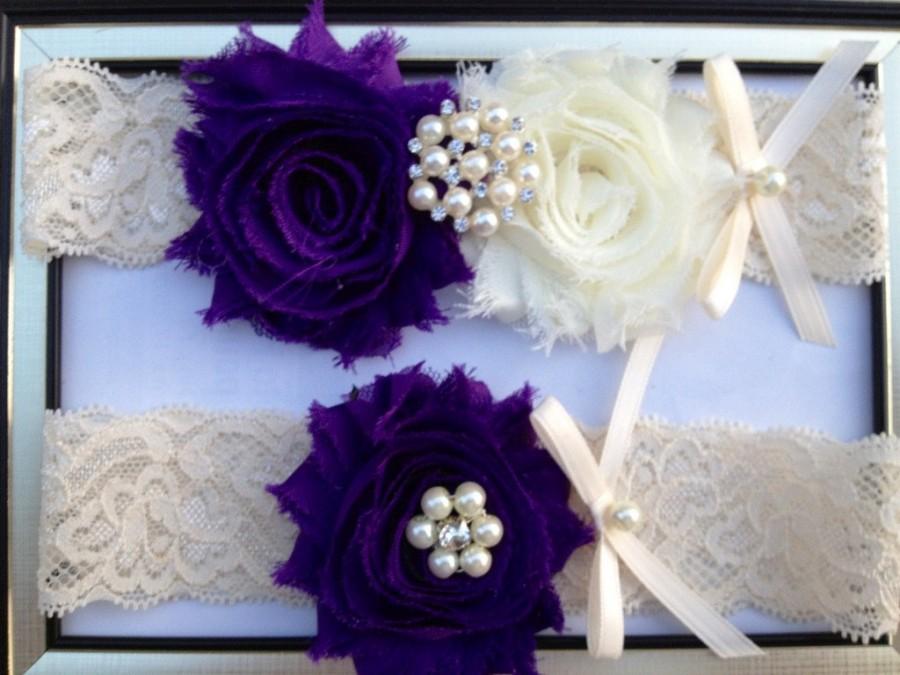Wedding - Purple Wedding Garter -  Bridal Garter Set - Ivory Stretch Lace - Purple Chiffon Flowers - Pearl Rhinestone embellishment...