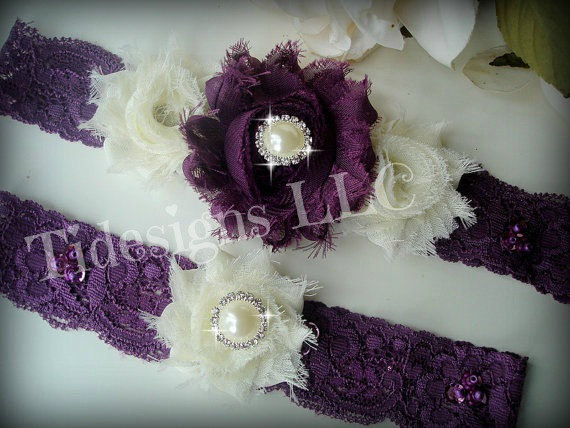 Wedding - Bridal Garter Set, Wedding Garter Set, Ivory & Purple Garter Set, Rhinestone garter,Vintage Inspired Garter Set