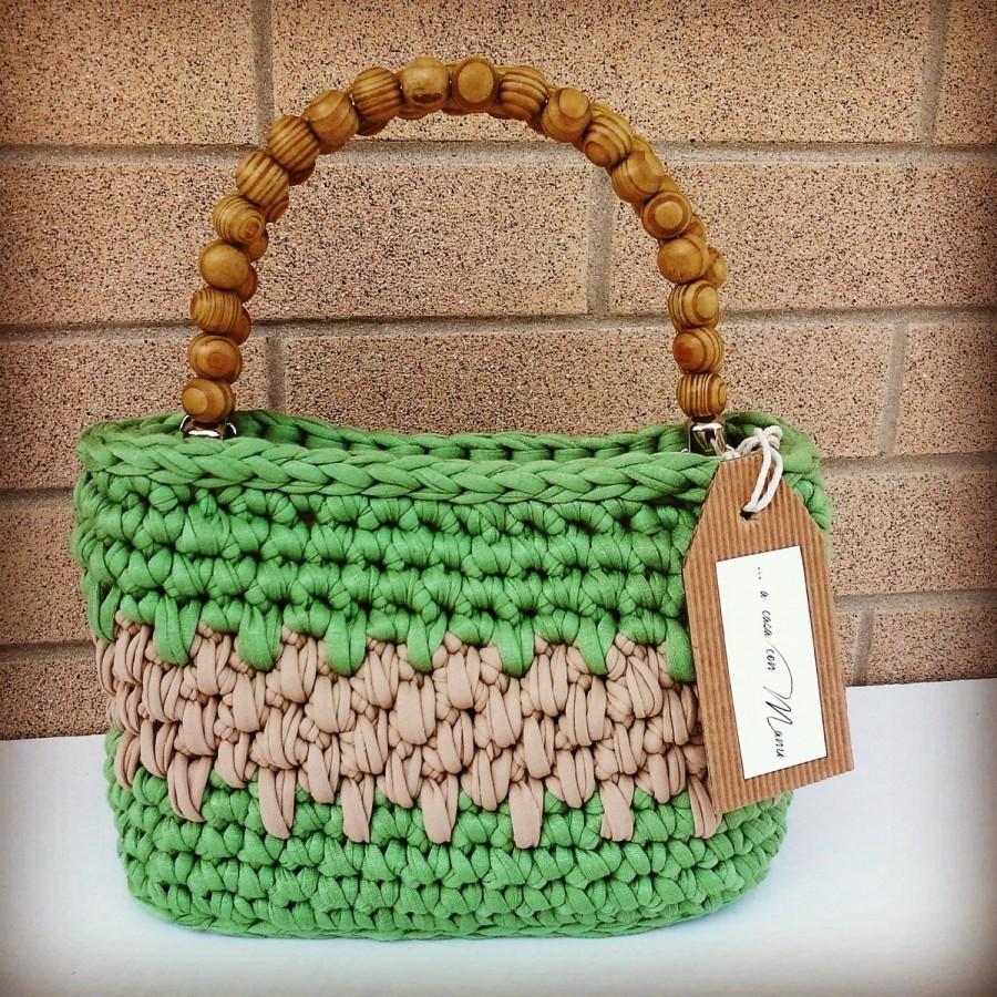 زفاف - Borsa verde e beige in fettuccia - green and beige bag -  bag of crocheting  - borsa in fettuccia lavorata a uncinetto - made in Italy