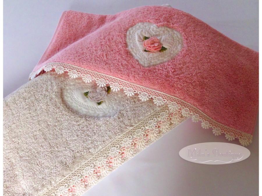 Свадьба - Turkish towel, lace embroidery 100% cotton, floral towel, wedding gift idea, bridal shower, pink beige peach rose victorian heart laces