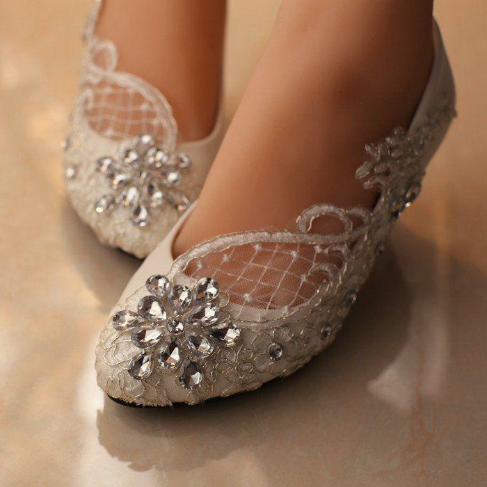 Mariage - Handmade Middle Heels Pointed Toe Lace Crystal Wedding Bridal Shoes, S007