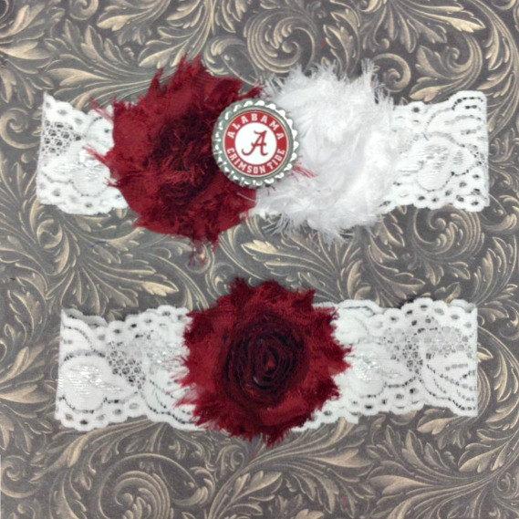 Hochzeit - Alabama Crimson Tide Inspired Wedding Garter Set Bridal Garters Toss Lace NCAA Engagement - Roll Tide Football Keepsake Bride Shower Gift
