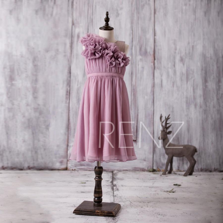 Hochzeit - 2016 Light Purple Junior Bridesmaid Dress with Flowers, A Line Chiffon Flower Girl Dress with Mesh, Rosette Dress Tea Length (HK136)