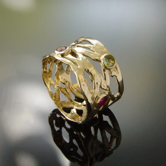 Hochzeit - Birthstone Gold Band, Gemstones 14K Gold ring, Wide Gold Band, Net ring, Engagement Ring, Birthstone Ring, Handmade Vintage Jewelry, Sale