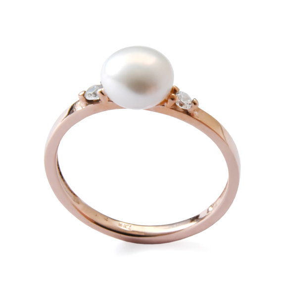 Wedding - Engagement Pearl and diamonds ring, 14K Rose Gold, Large stone ring, Diamond gold ring, Bridal ring, Gemstone gold ring, Round pearl ring