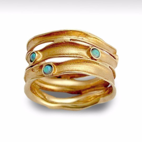 Hochzeit - Woodland Opal Band, Multistone Gold Band, Gold stripes Ring, 14k gold band, gemstone wedding band, Opal engagement ring, blue opal band sale
