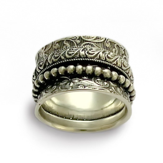 زفاف - Dotted spinner ring, silver meditation ring, wide Sterling silver band, Rustic spinner band, Woodland wedding band, everyday botanical ring