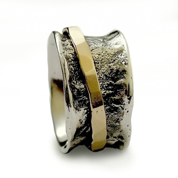 زفاف - Rustic spinner wedding band, Wide rustic spinner ring, Oxidized Sterling silver, men woman fidget ring, mixed metals band, meditation ring