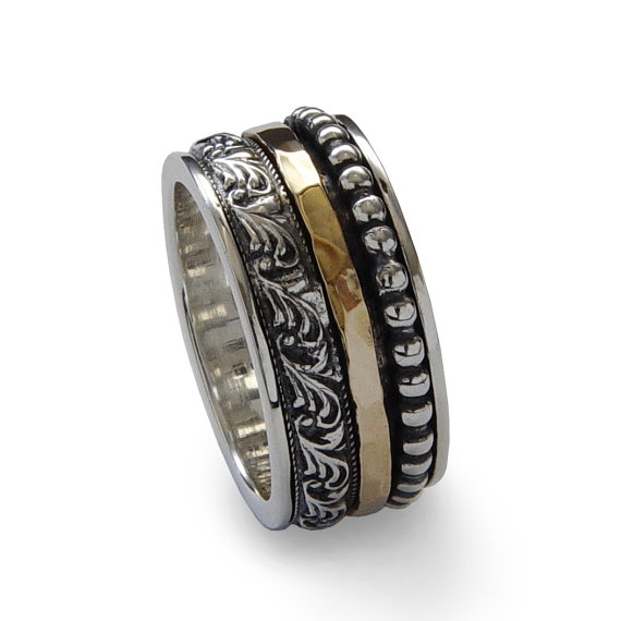 زفاف - Mixed metals spinner ring, Sterling Silver & Gold Filled, man woman infinity ring, Spinner Wedding band, Dotted silver meditation ring Sale
