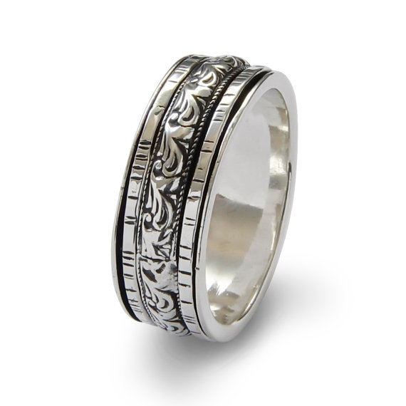 زفاف - Sterling silver woodland spinner ring, Botanical band, Infinity spinner, man woman wedding band, wide Organic ring, Fidget ring, worry ring