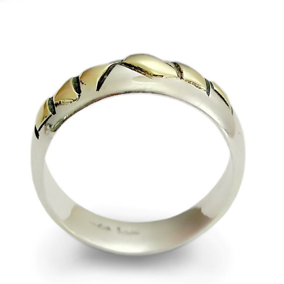 زفاف - Silver mix Gold modern ring, Textured Two tone ring, men woman Wedding band, 9K yellow gold, everyday ring, asymmetrical silver band sale