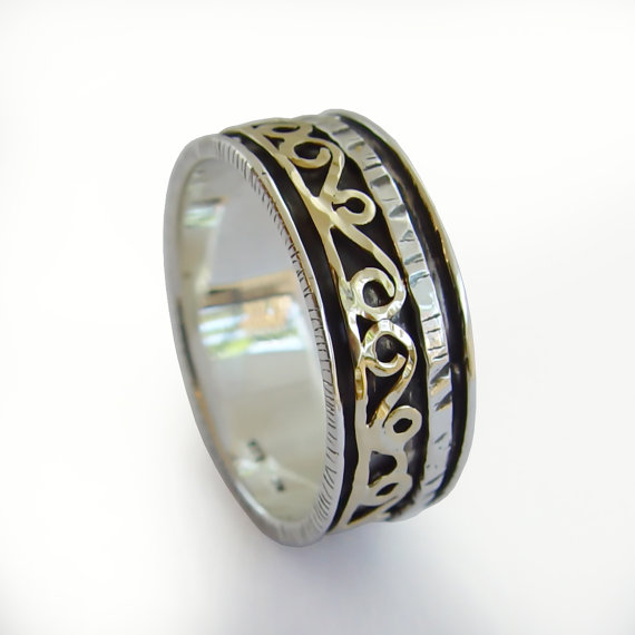 Wedding - Men Rustic Wedding band, Meditation Infinity Spinner Ring, Sterling silver & 9K Yellow gold, Ethnic spinners Ring, Gold filigree ring sale