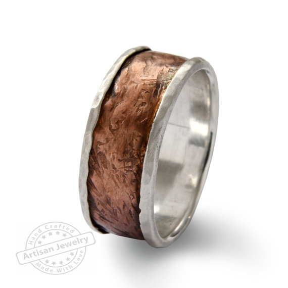 Wedding - Wide Infinty Men band, Sterling silver and Copper ring, Rustic silver wedding band, copper wide ring, Two tone organic band, mixed metals