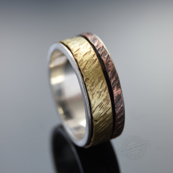 Свадьба - Silver Copper and Brass spinners ring,Rustic Men wedding band, Raw design unisex silver band Infinity Organic Mixed metals Unisex wide band