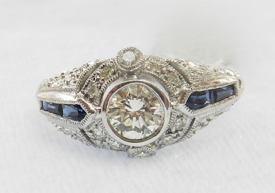 Wedding - Engagement Ring Platinum Art Deco Filigree Diamond Sapphire Engagement Ring