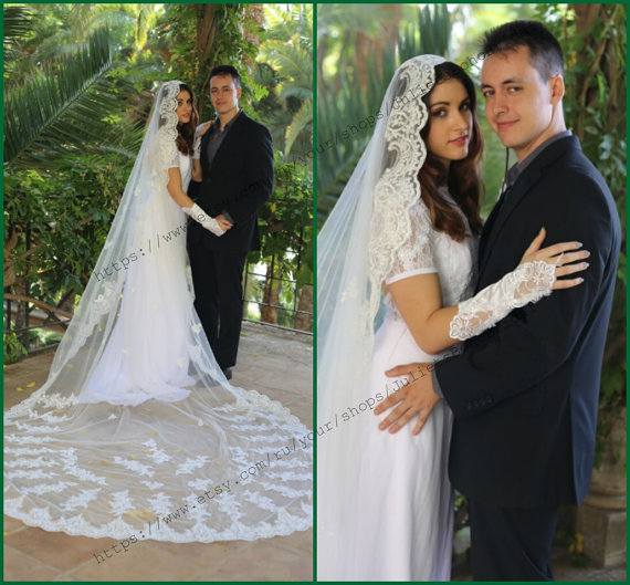 زفاف - 3 M Mantilla bridal veil, ivory mantilla , blusher veil , spanish veil , lace bridal veil , vintage veil, chapel veil , cathedral veil ,