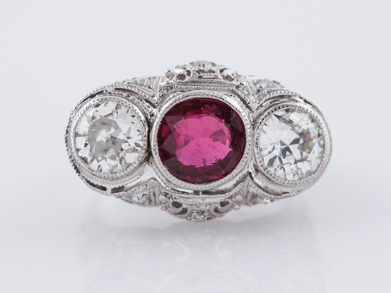 زفاف - Antique Engagement Ring Edwardian 1.22 ct Ruby & Old European Cut Diamonds in Platinum