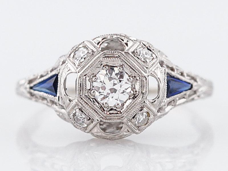 Wedding - Antique Engagement Ring Art Deco .20 Transitional Cut Diamond in 18k White Gold