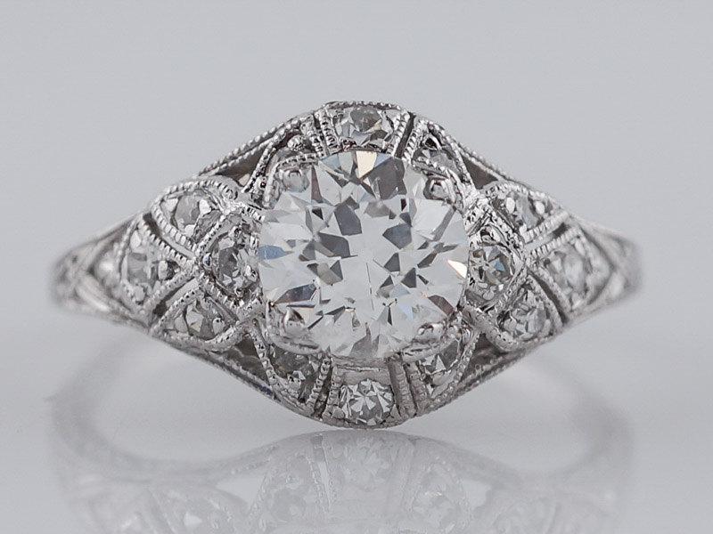 Mariage - Antique Engagement Ring Art Deco .84ct Old European Cut Diamond in Platinum