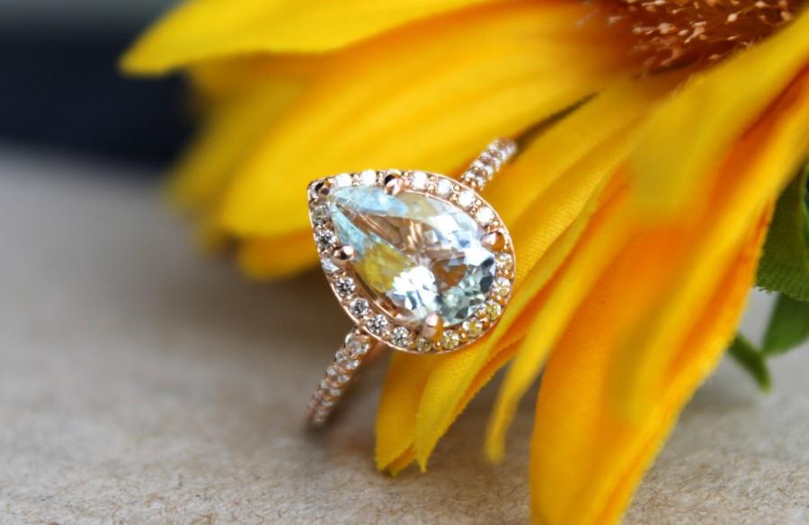 Wedding - 10x7mm Aquamarine engagement ring, 2 cts Rose gold with diamonds, something blue
